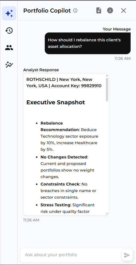 AI Chat Assistant interface showing conversational AI for portfolio intelligence with natural language queries, insights, and report generation capabilities