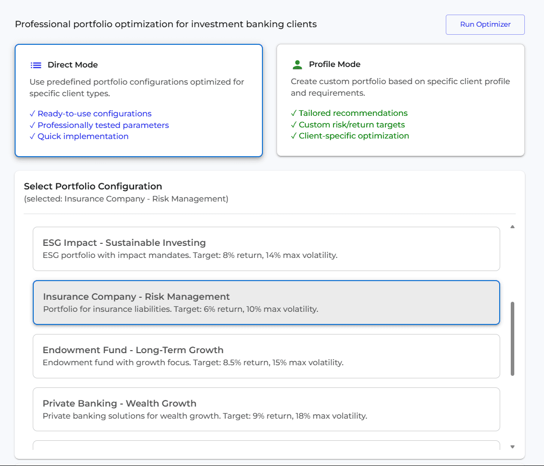 Portfolio optimization configuration interface