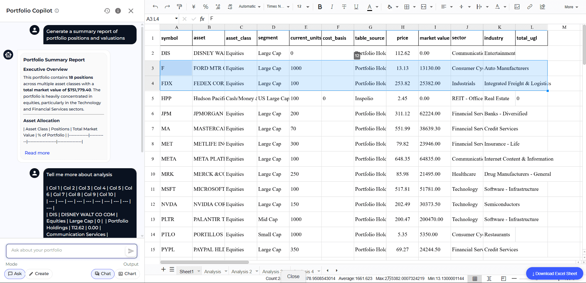 Portfolio Copilot spreadsheet interface showing detailed portfolio analysis, AI-powered insights, and real-time calculations