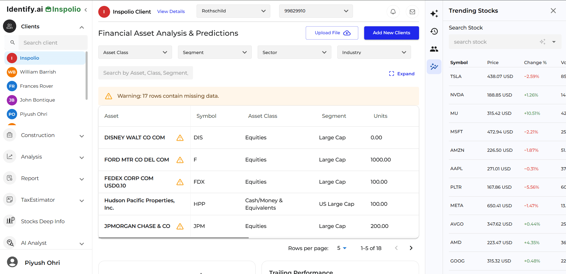 Inspolio AI document processing dashboard showing portfolio data extraction from banking statements with asset allocation, market values, and trending stocks sidebar
